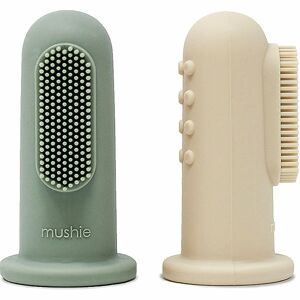 Mushie Finger Toothbrush detská zubná kefka na prst Shifting Sand/Cambridge Blue 2 ks